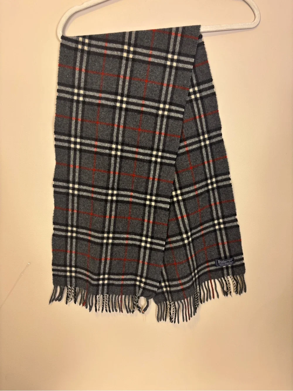 Burberrys Grey Plaid Wool Scarf with Red & White Windowpane